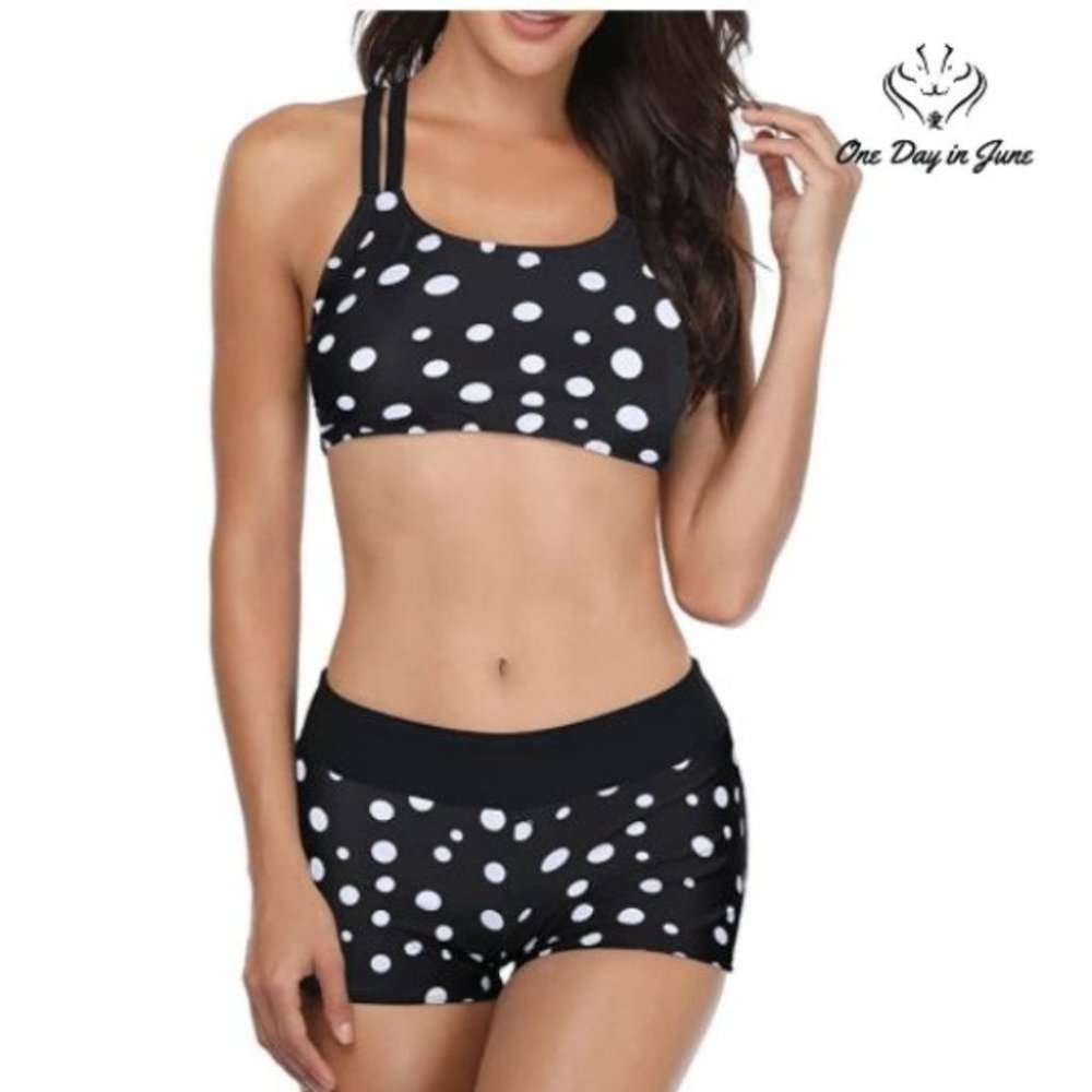 NWOT Yonique SM Black & White Polka Dot 3 Piece Tankini - Picture 2 of 16